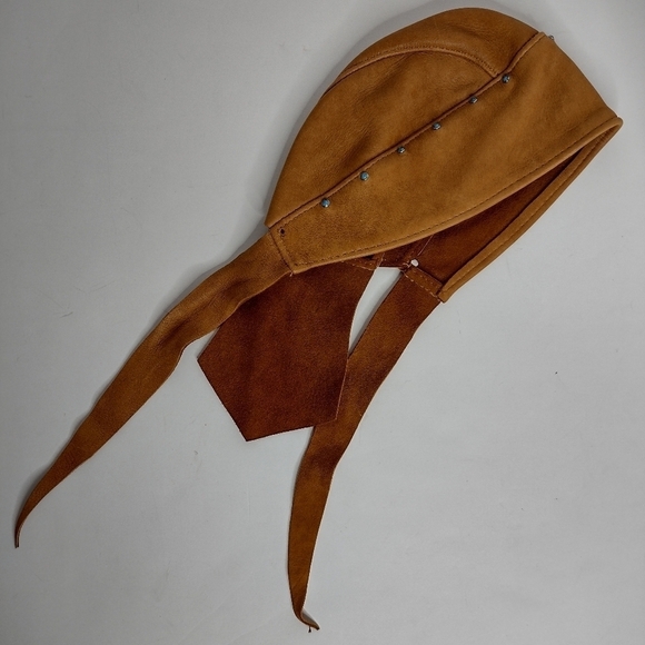 Brown Leather Biker Motorcycle Leather Bandanna Hat Skull Cap w/ Turquoise Studs - Picture 5 of 6